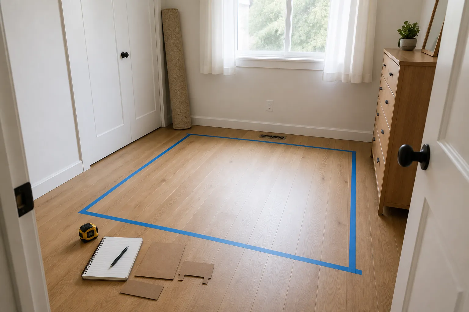 Small bedroom floor measured for a queen bed layout with painter tape and furniture planning notes