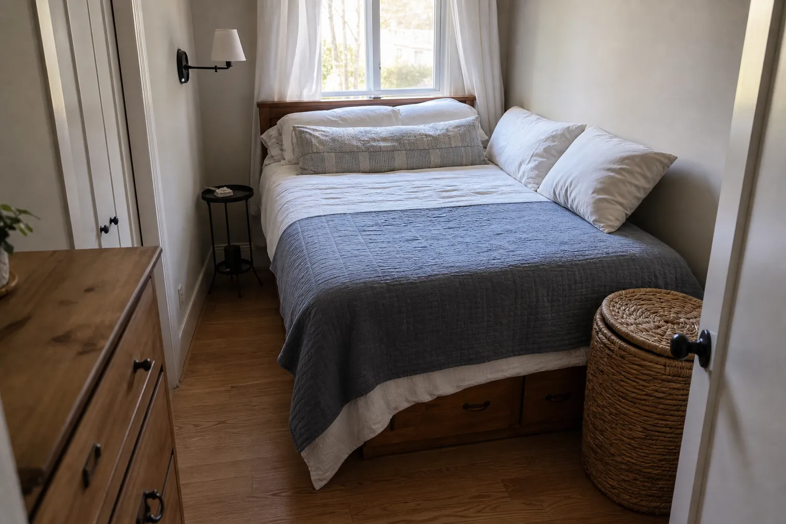 Corner queen bed placement in a compact bedroom with one open walking lane and under bed drawers