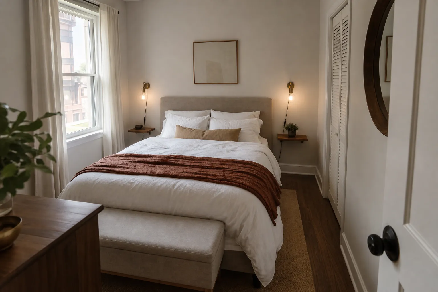 Centered queen bed layout in a small bedroom with narrow walking lanes and floating nightstands
