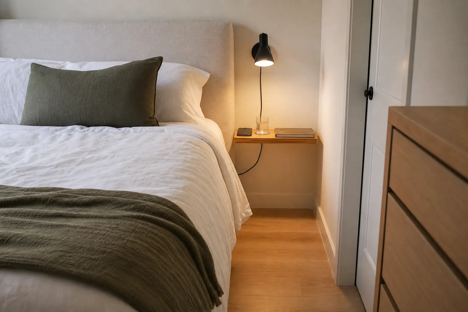 Floating nightstand and wall sconce beside a queen bed in a compact bedroom