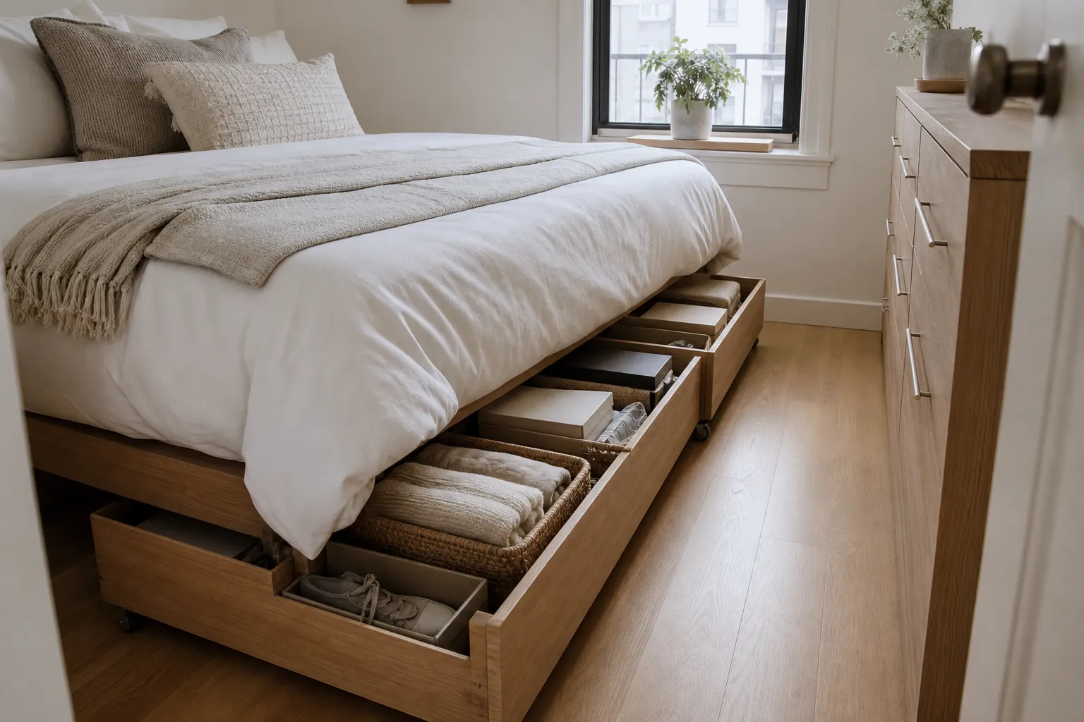 Under bed storage drawers beneath a queen bed in a small bedroom