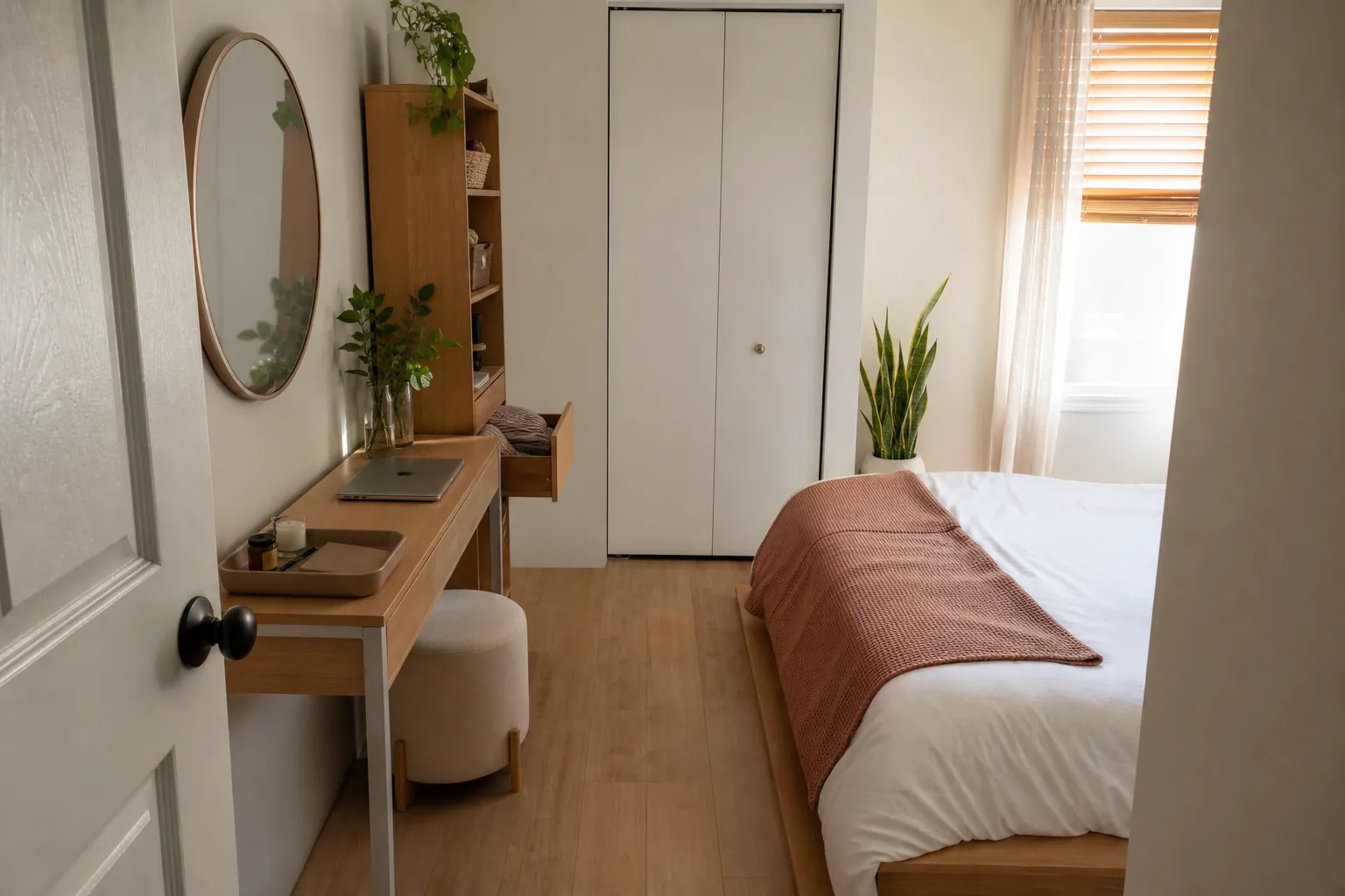 Small bedroom queen bed layout with a slim desk, dresser, and clear walking path