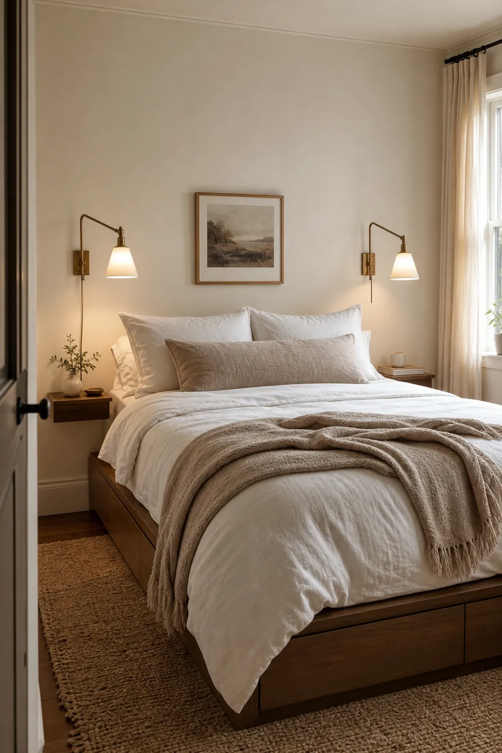 Small bedroom with wall mounted lighting above the bed