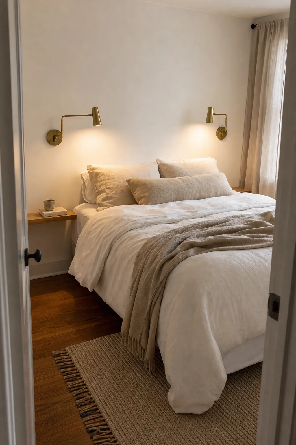 Small bedroom with warm wall mounted sconces above the bed