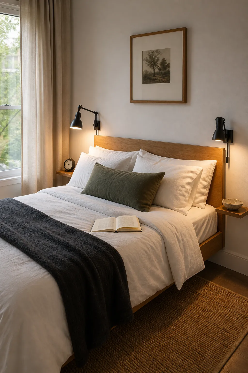Adjustable reading sconces mounted beside a compact bedroom headboard