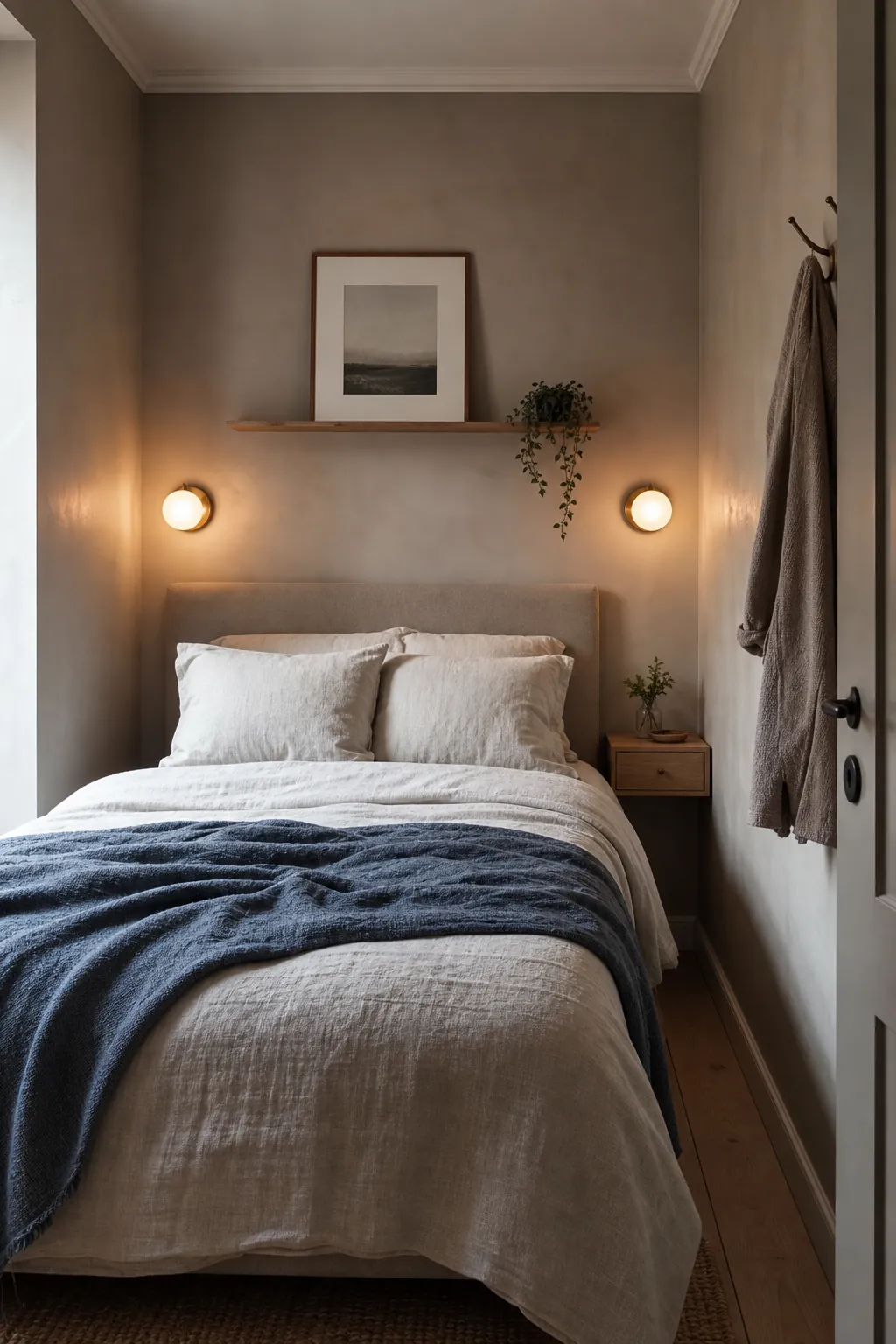 Styled compact bedroom with balanced globe wall lights and soft bedding
