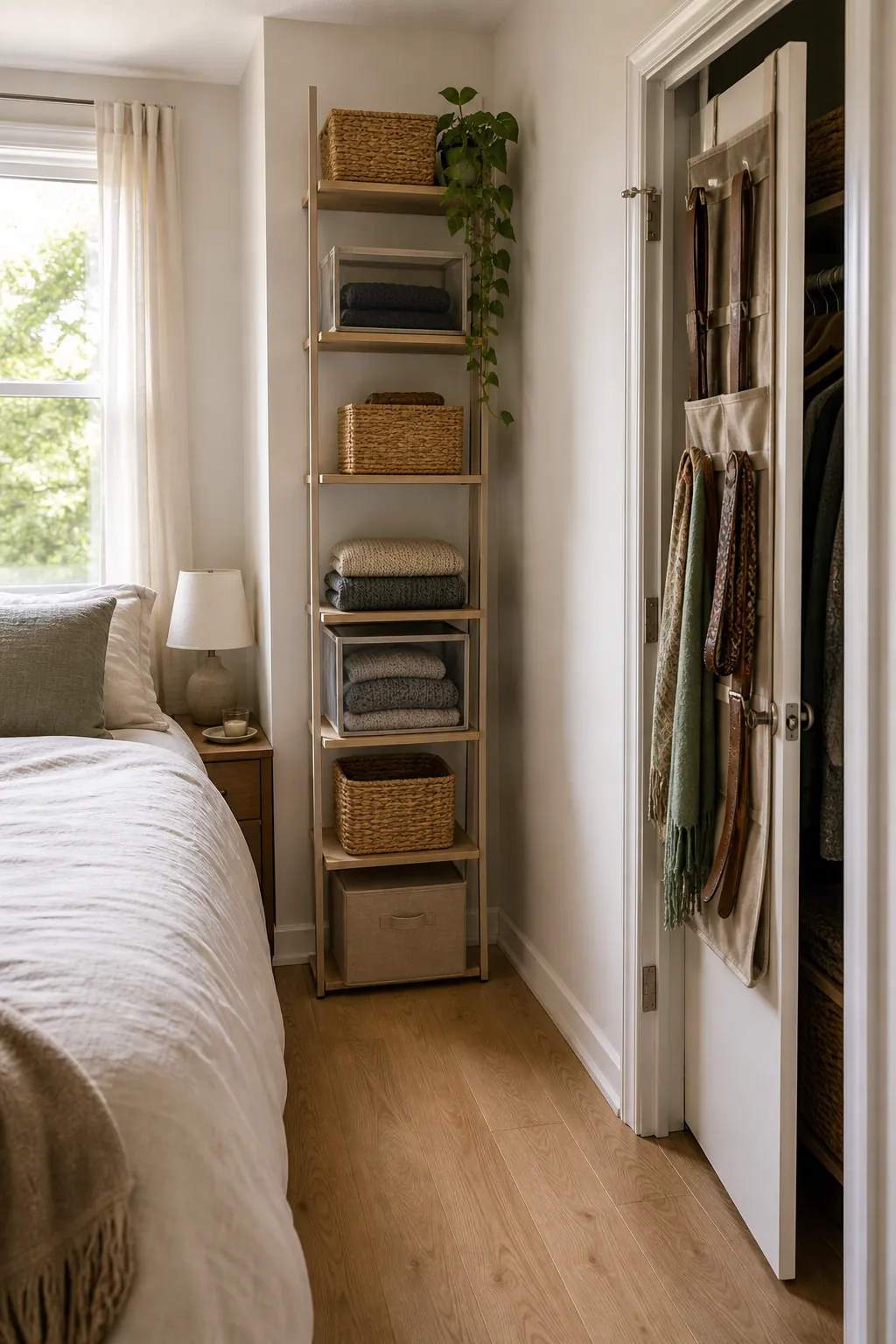 Over bed storage cabinets and side shelves in a small bedroom