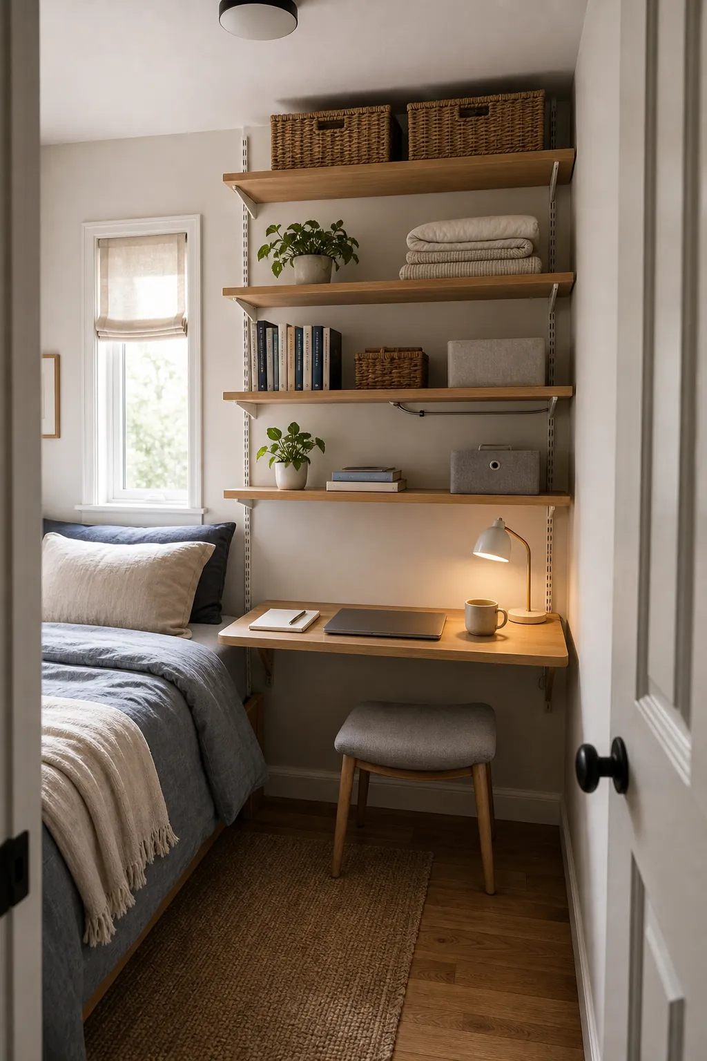 Small bedroom with vertical storage, floating shelves, and tall cabinets