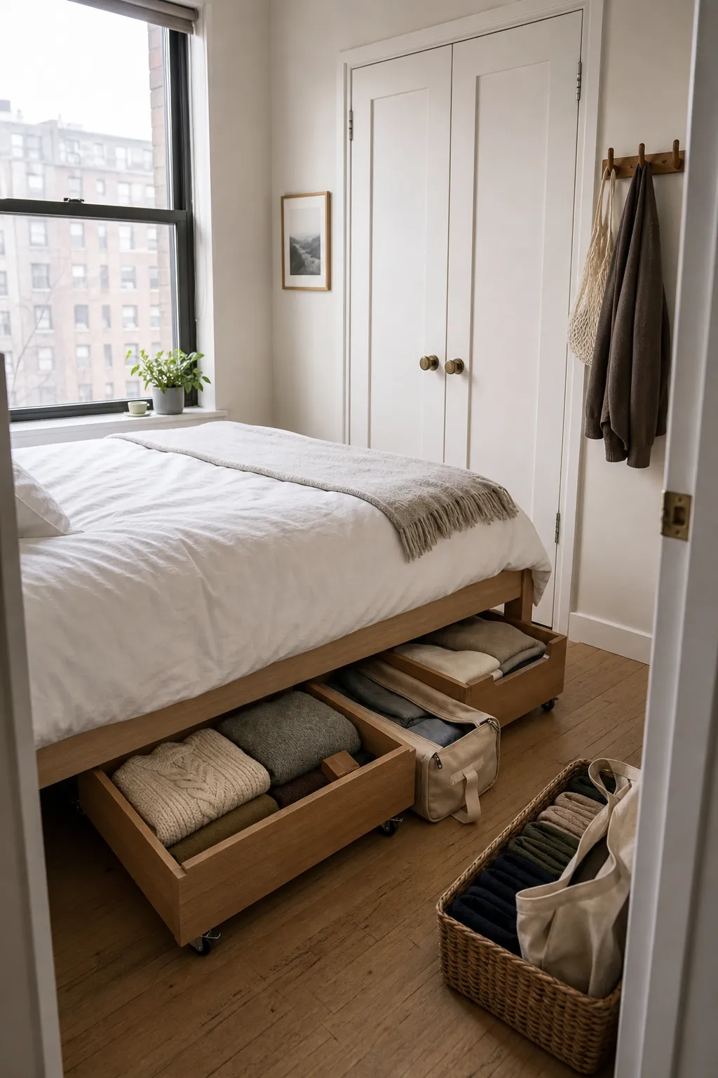 Tall shallow cabinet and vertical shelving for small bedroom storage