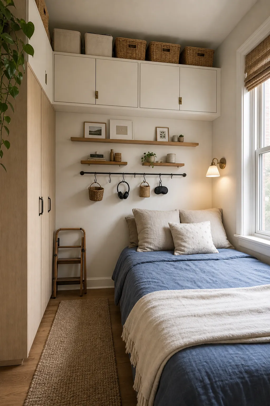 Floating desk with vertical shelf rails beside a small bedroom bed