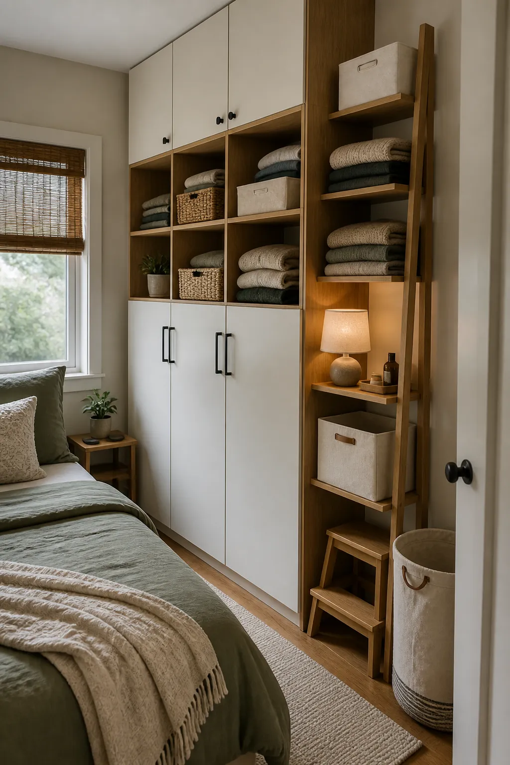 Slim open wardrobe in a small bedroom with neatly spaced everyday clothes