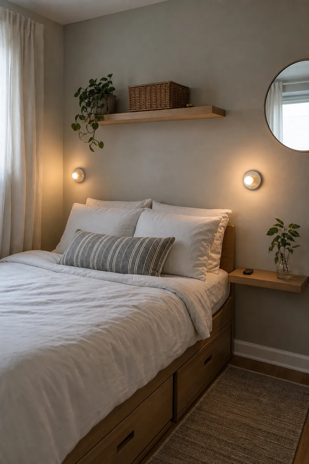 Small bedroom with tidy closet overflow storage, bins, hooks, and under bed drawers