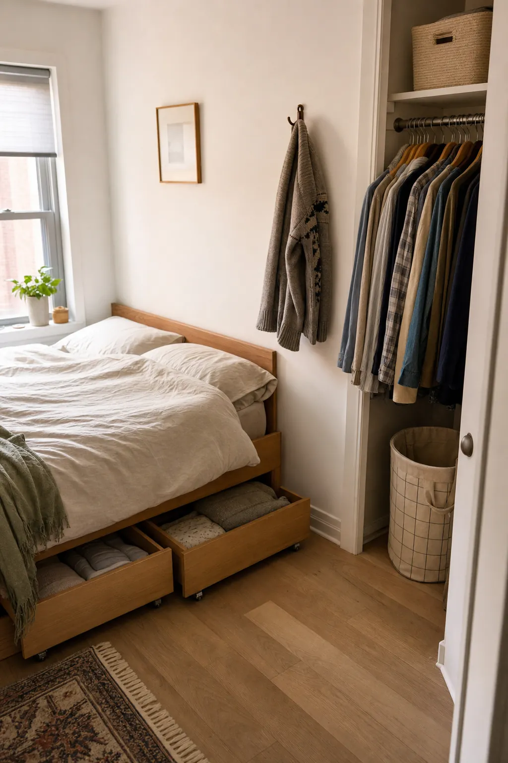Small bedroom closet organized with matching hangers and tidy overflow storage bins
