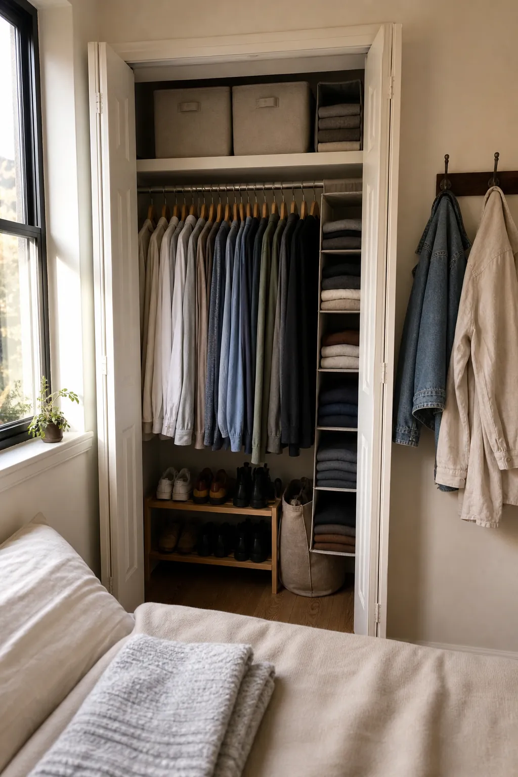 Small closet shelves organized with fabric storage bins and folded clothes