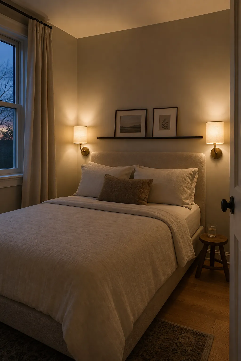 Small bedroom hook rail used as a tidy landing spot for repeat wear clothes