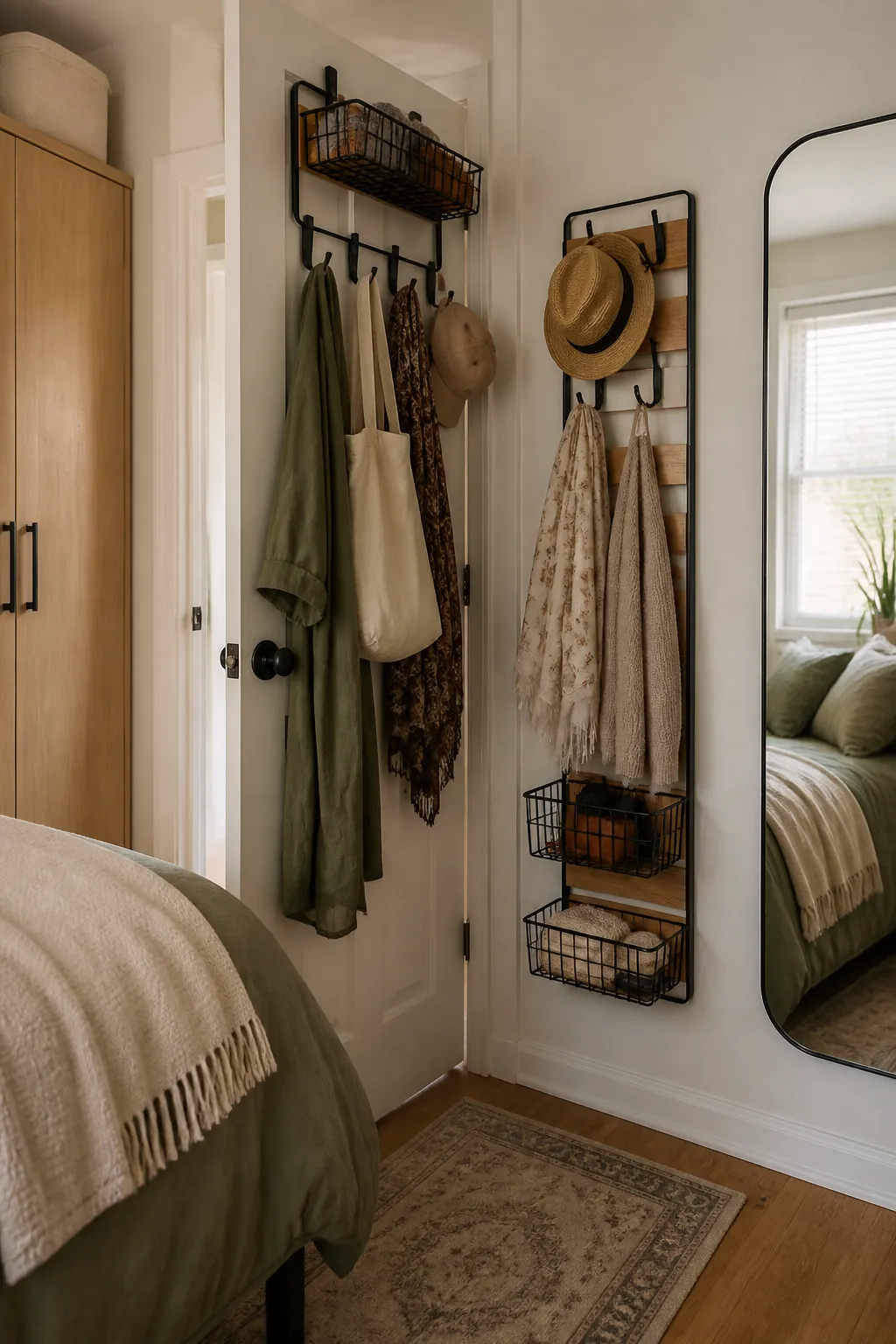 Vertical small space storage beside a bedroom closet with baskets and folded clothes