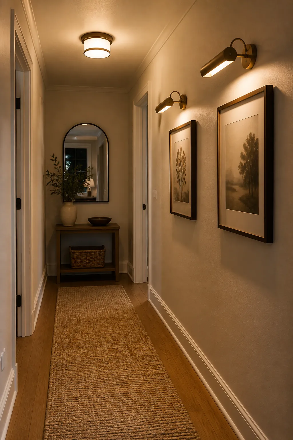 Rental friendly dark hallway lighting with plug-in picture light, cordless sconce, bench, and baskets