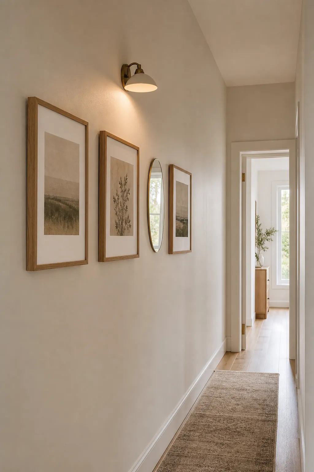Warm neutral windowless hallway with reflective mirror, soft paint finish, and pale wood console