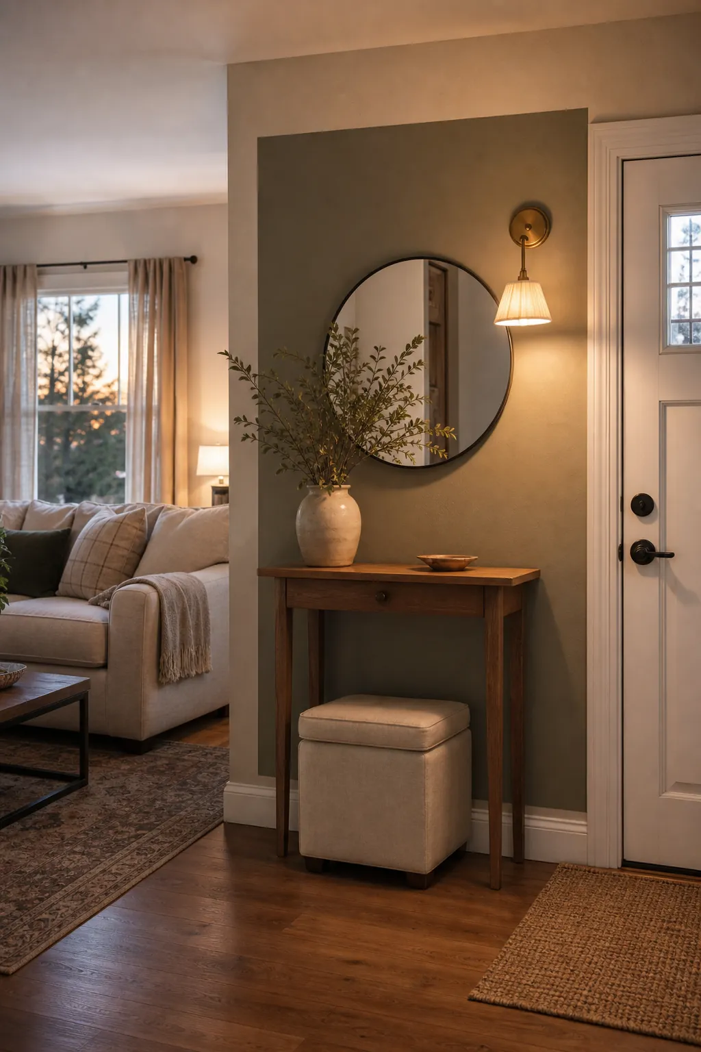Windowless hallway with warm layered lighting, mirror, console table, and runner rug