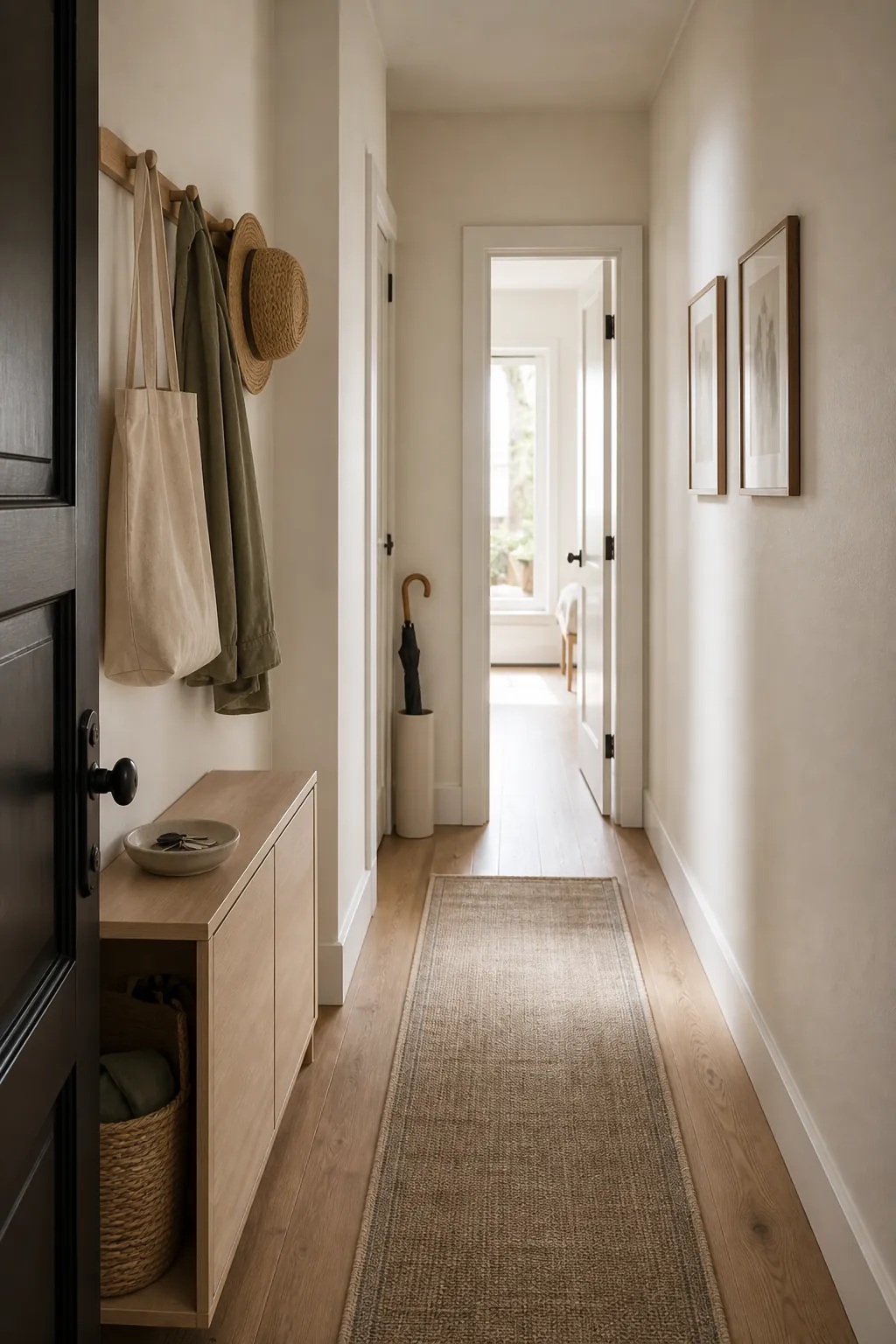 Bright windowless hallway with layered lighting, mirror, runner rug, console table, and organized baskets