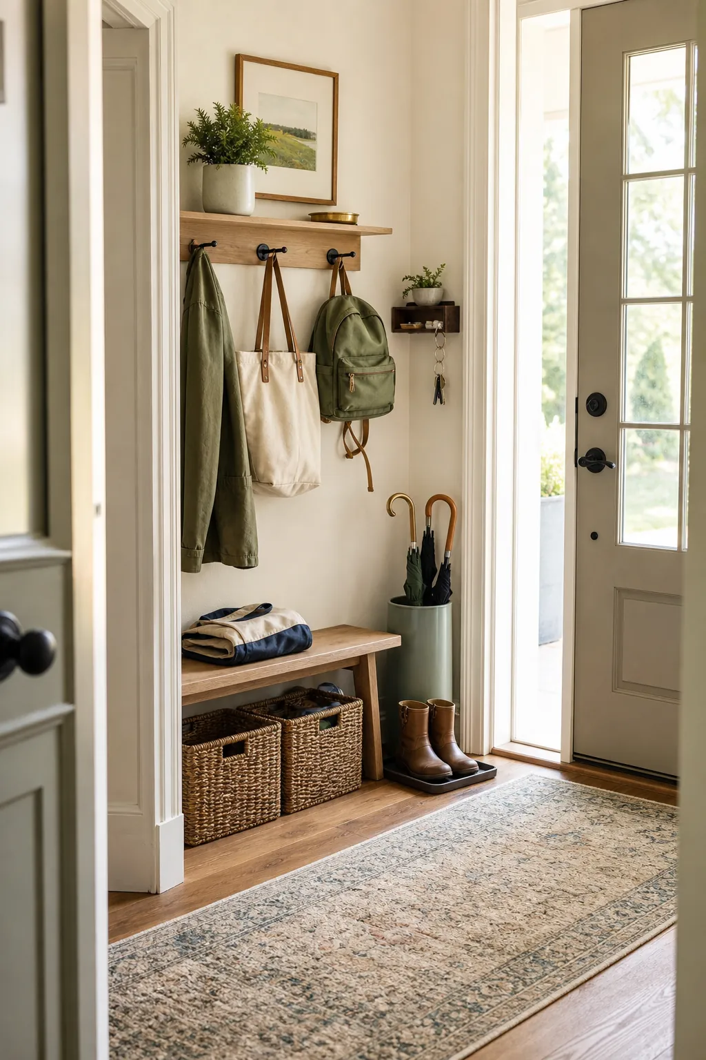Moody dark green windowless hallway with brass sconces, mirror, pale runner rug, and console table