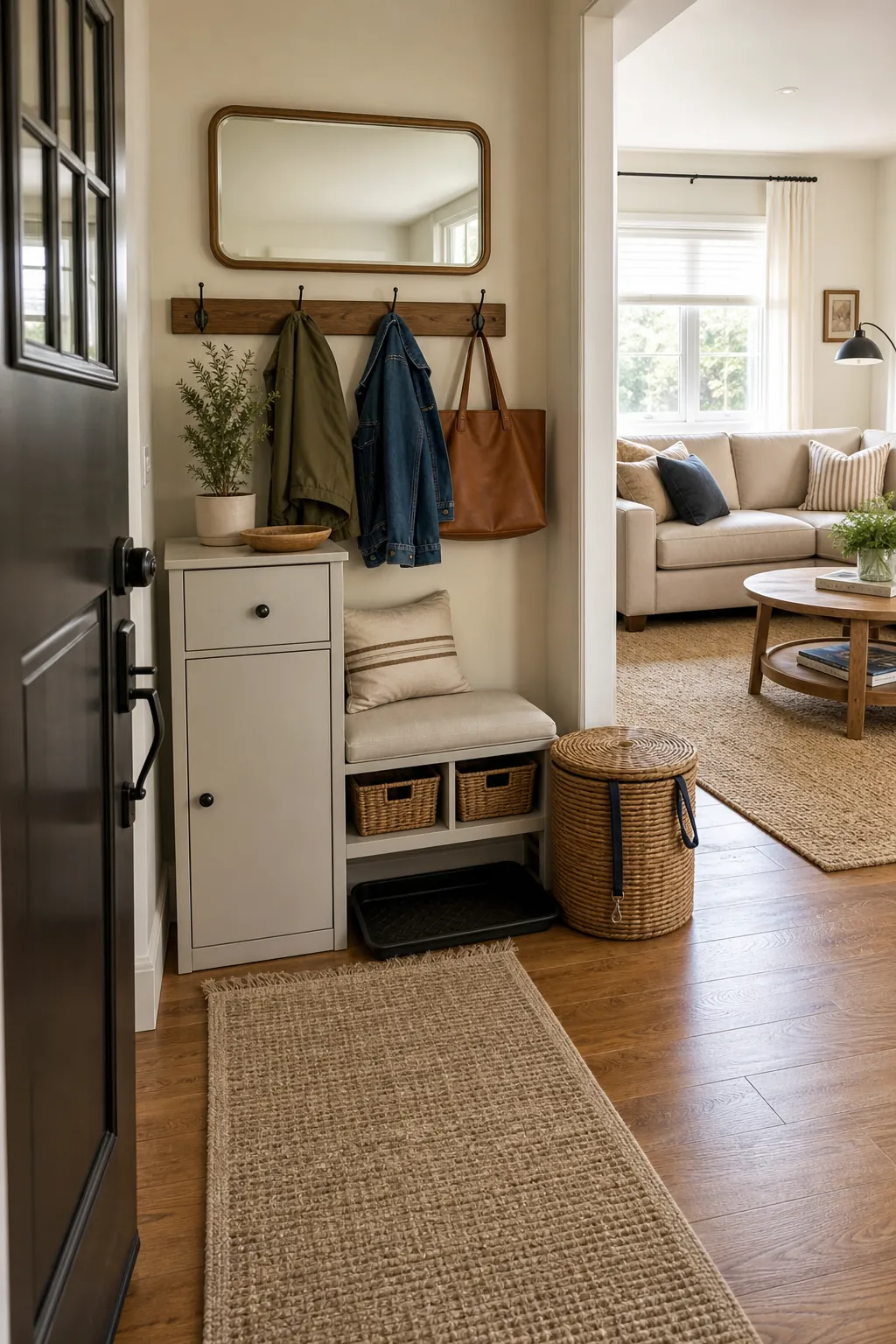 Small windowless entryway with mudroom bench, hooks, baskets, runner rug, and warm lighting