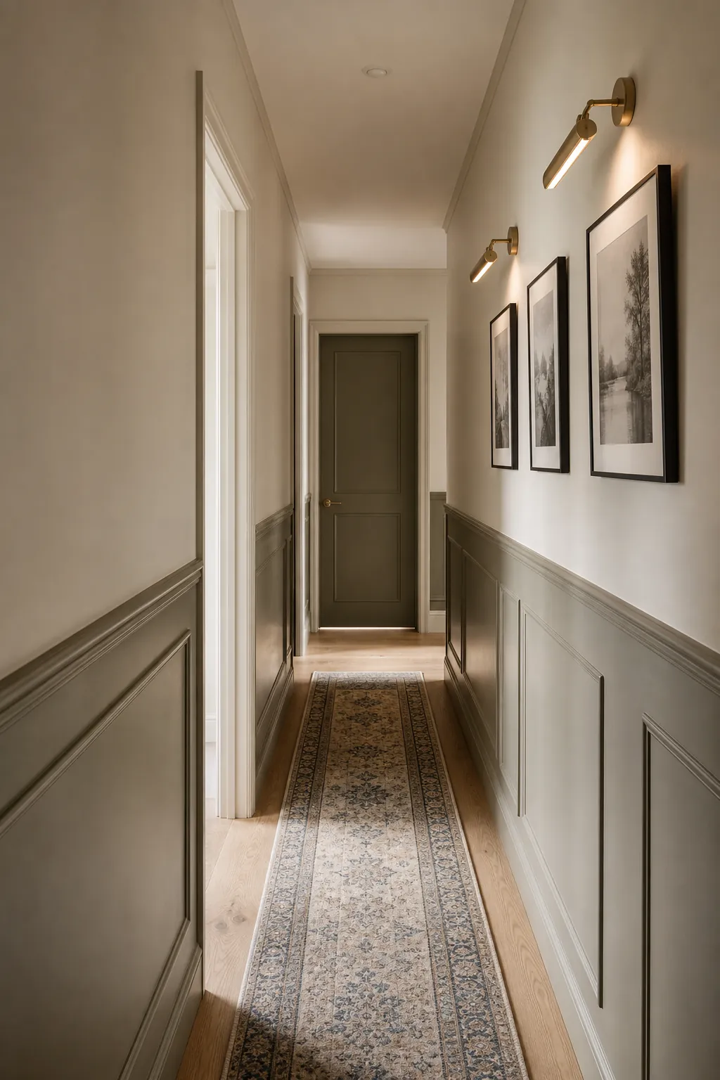 Long narrow hallway with wall trim repeated frames and warm intentional paint rhythm