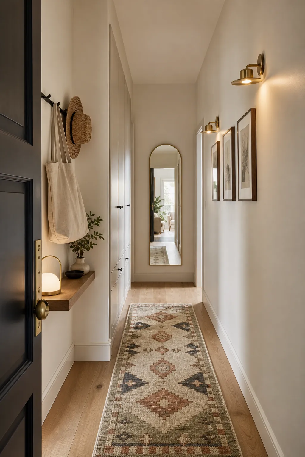 Intentional narrow hallway with runner rug layered lighting and shallow entry storage