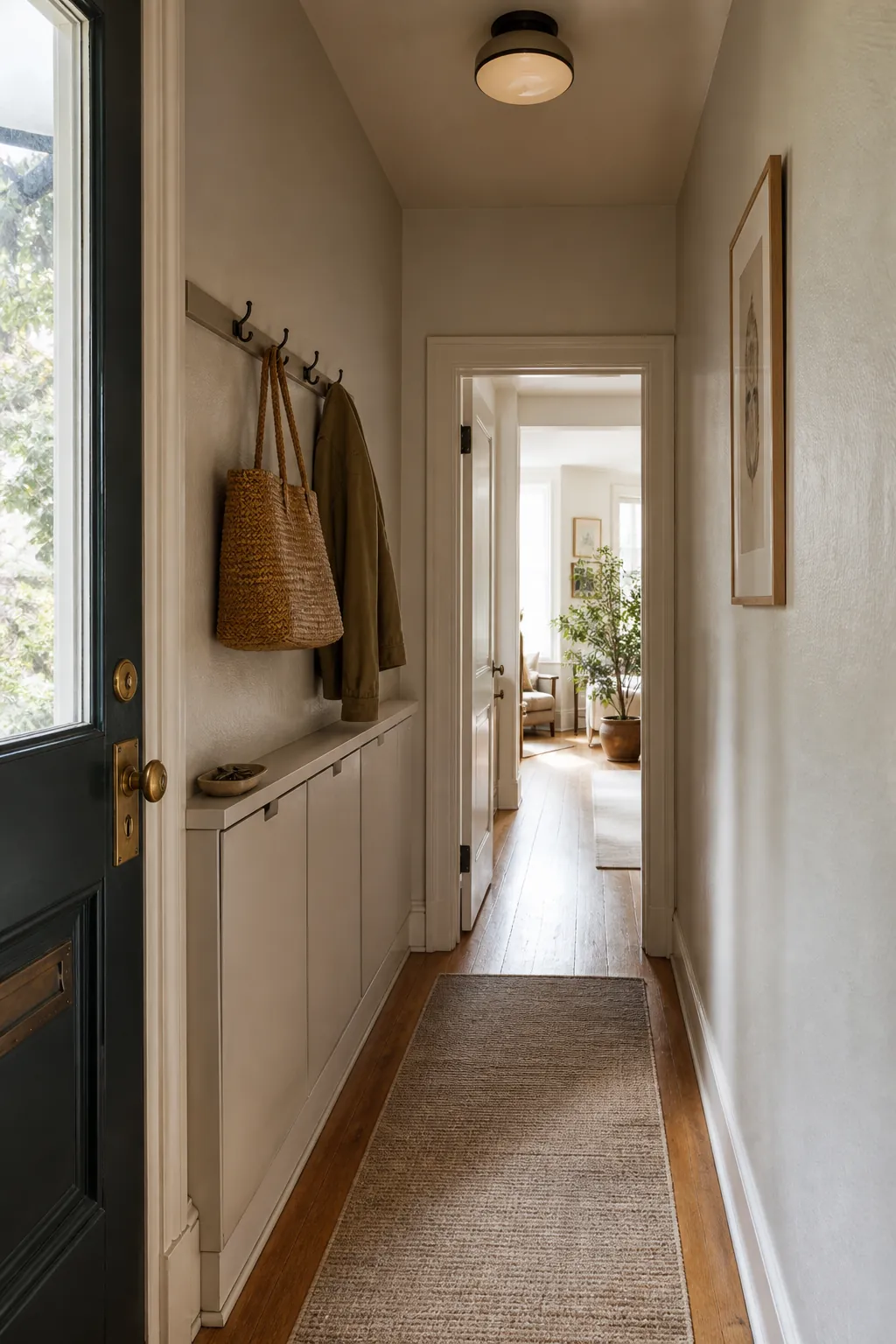 Narrow hallway entryway with shallow storage hooks and a clear walking path
