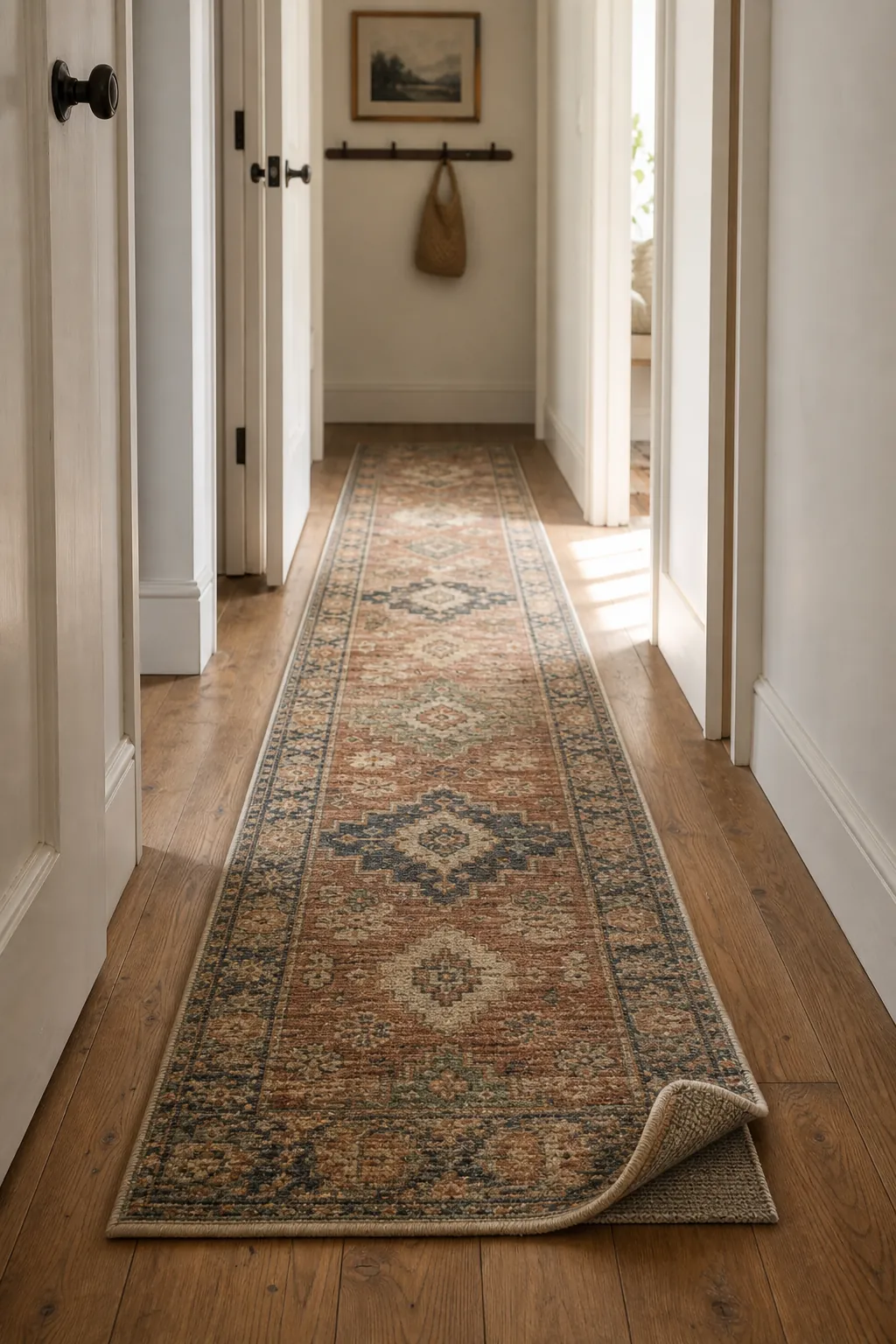 Long narrow hallway runner rug scaled with exposed wood floor on both sides