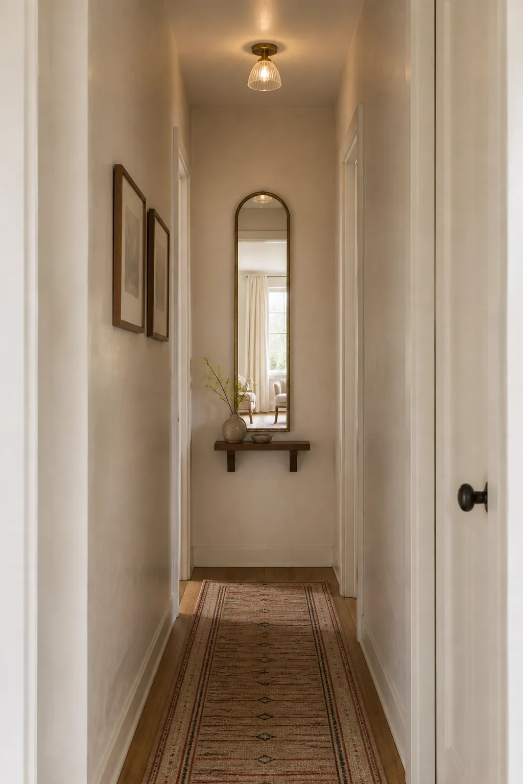 Narrow hallway end wall with arched mirror tiny shelf and runner rug focal point
