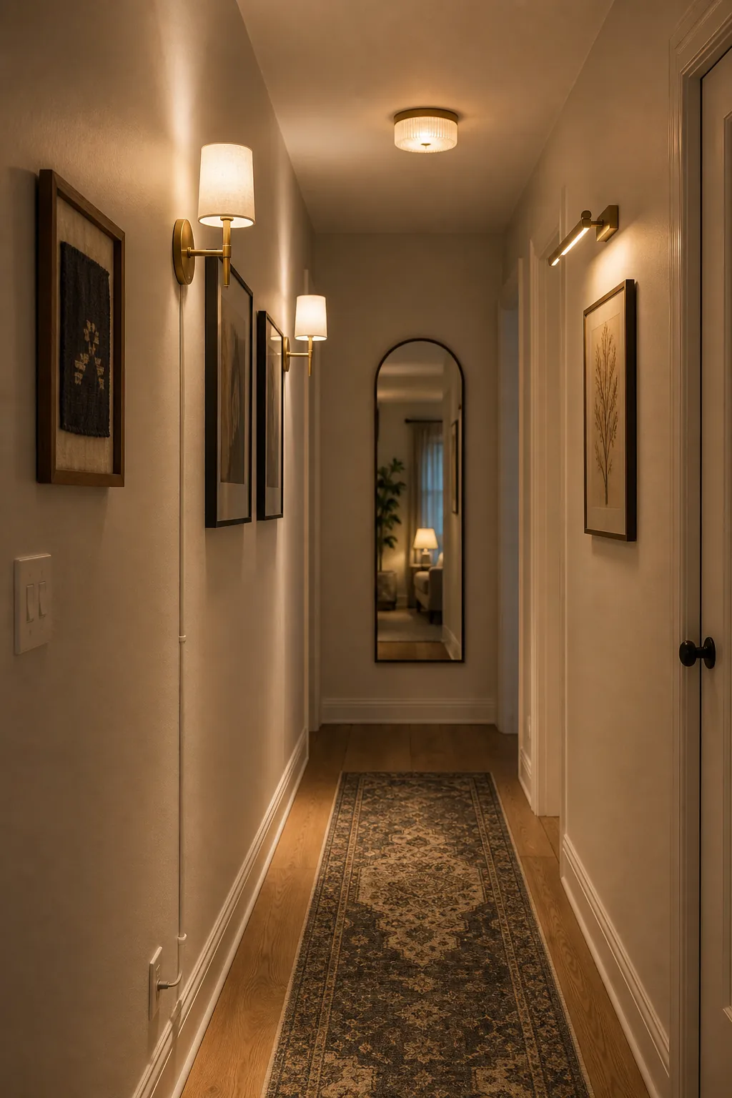 Narrow hallway with layered plug in sconces picture light and warm runner rug