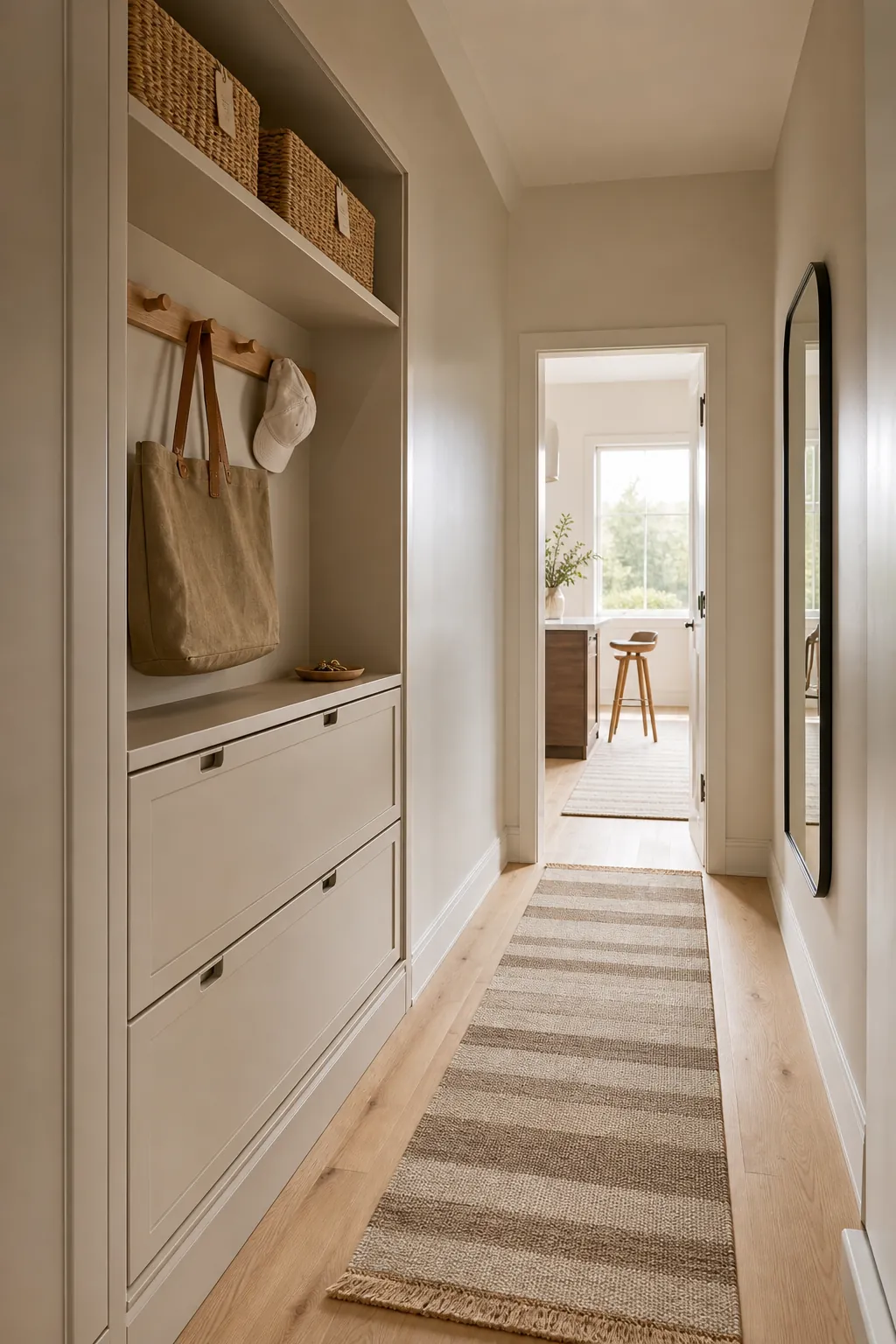 Small hallway storage with shallow closed cabinets hooks baskets and clear passage