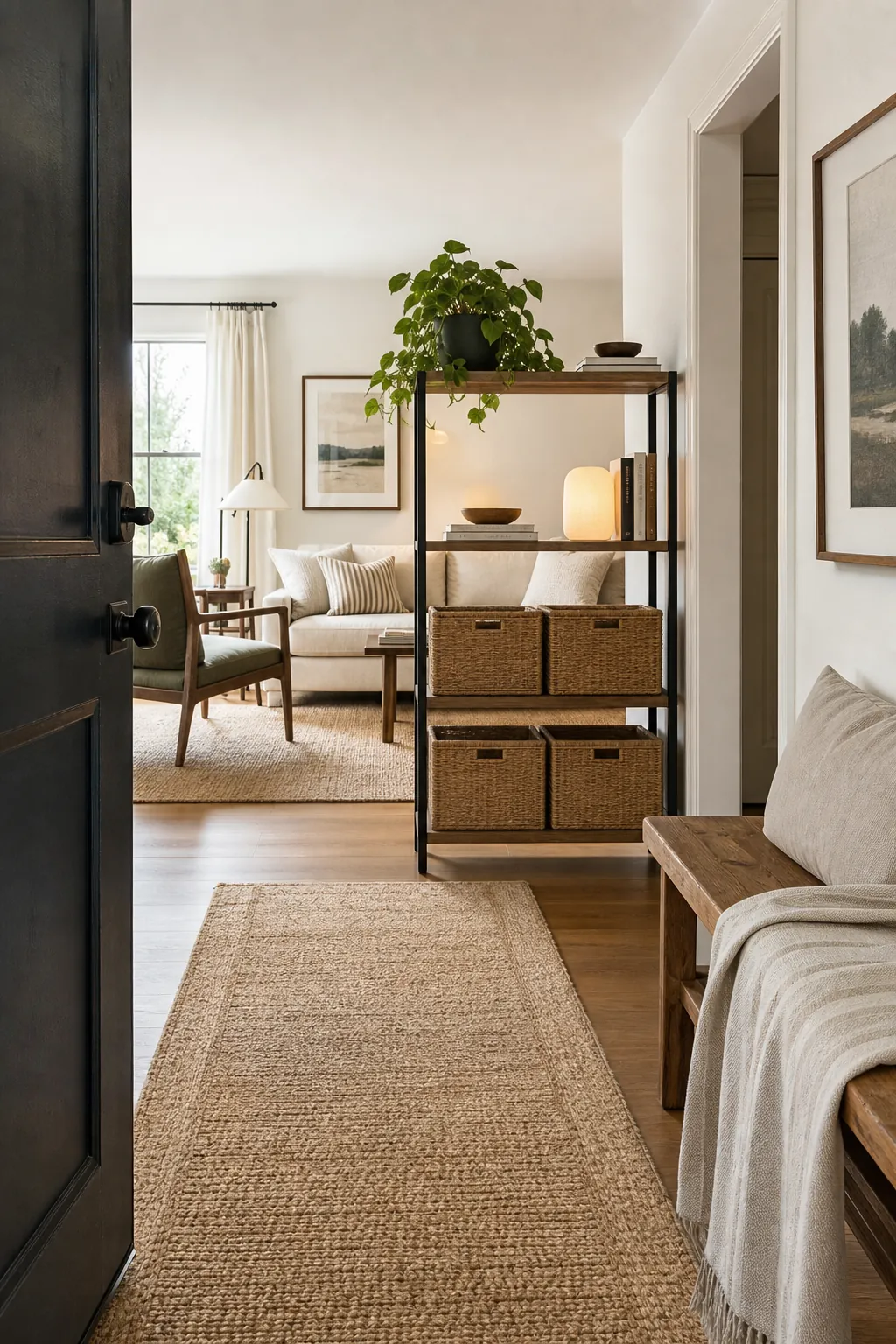 Freestanding shelf divider defining an entryway beside an open living room