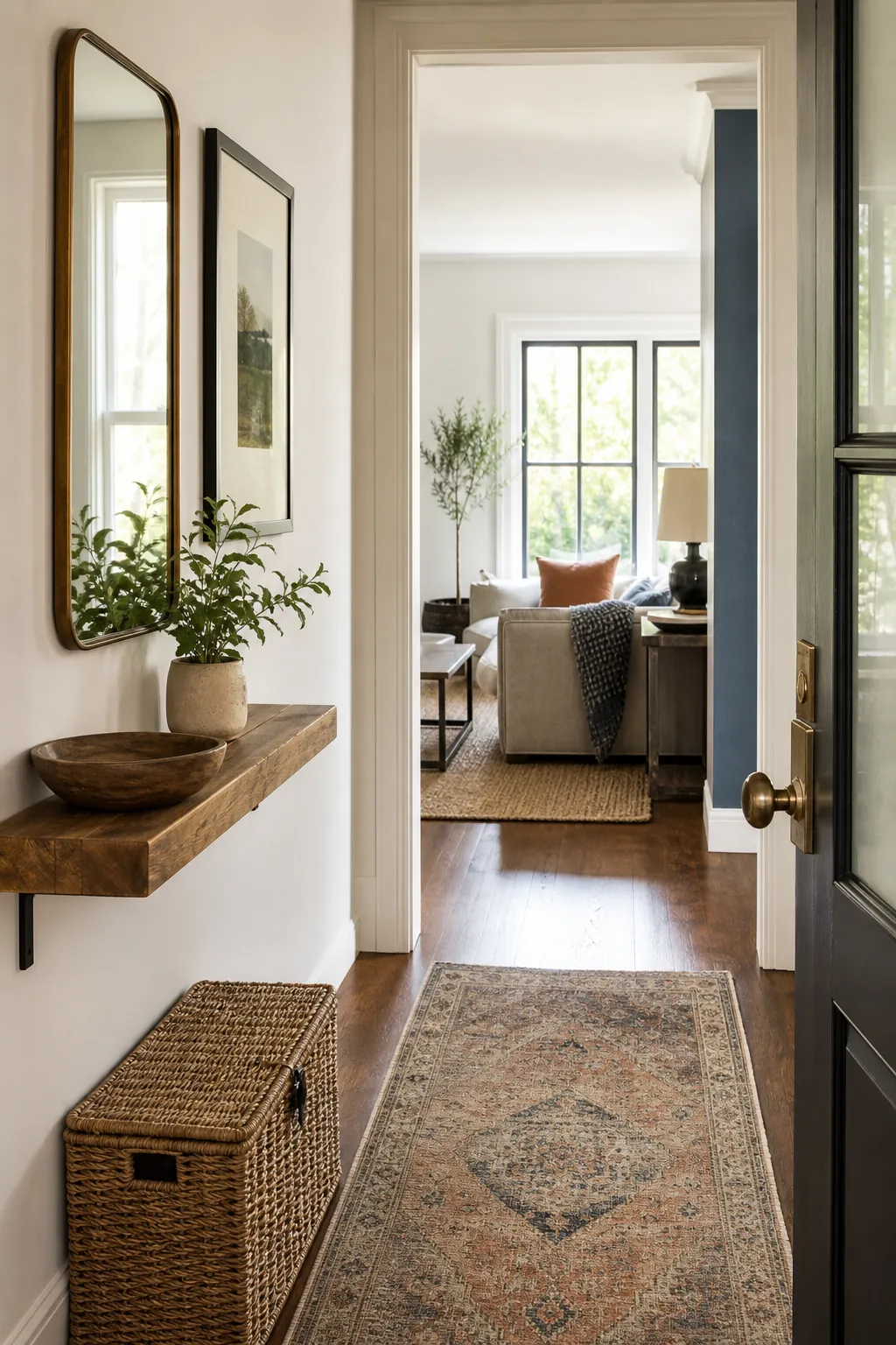 Small entryway with a slim wall ledge, runner rug, mirror, and living room beyond