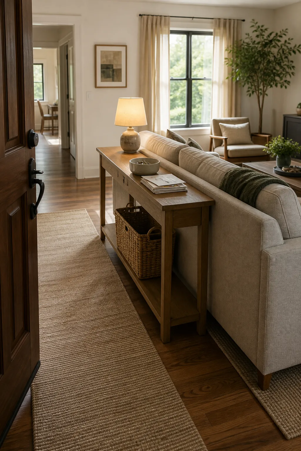Sofa back and narrow console creating an entryway zone in an open living room