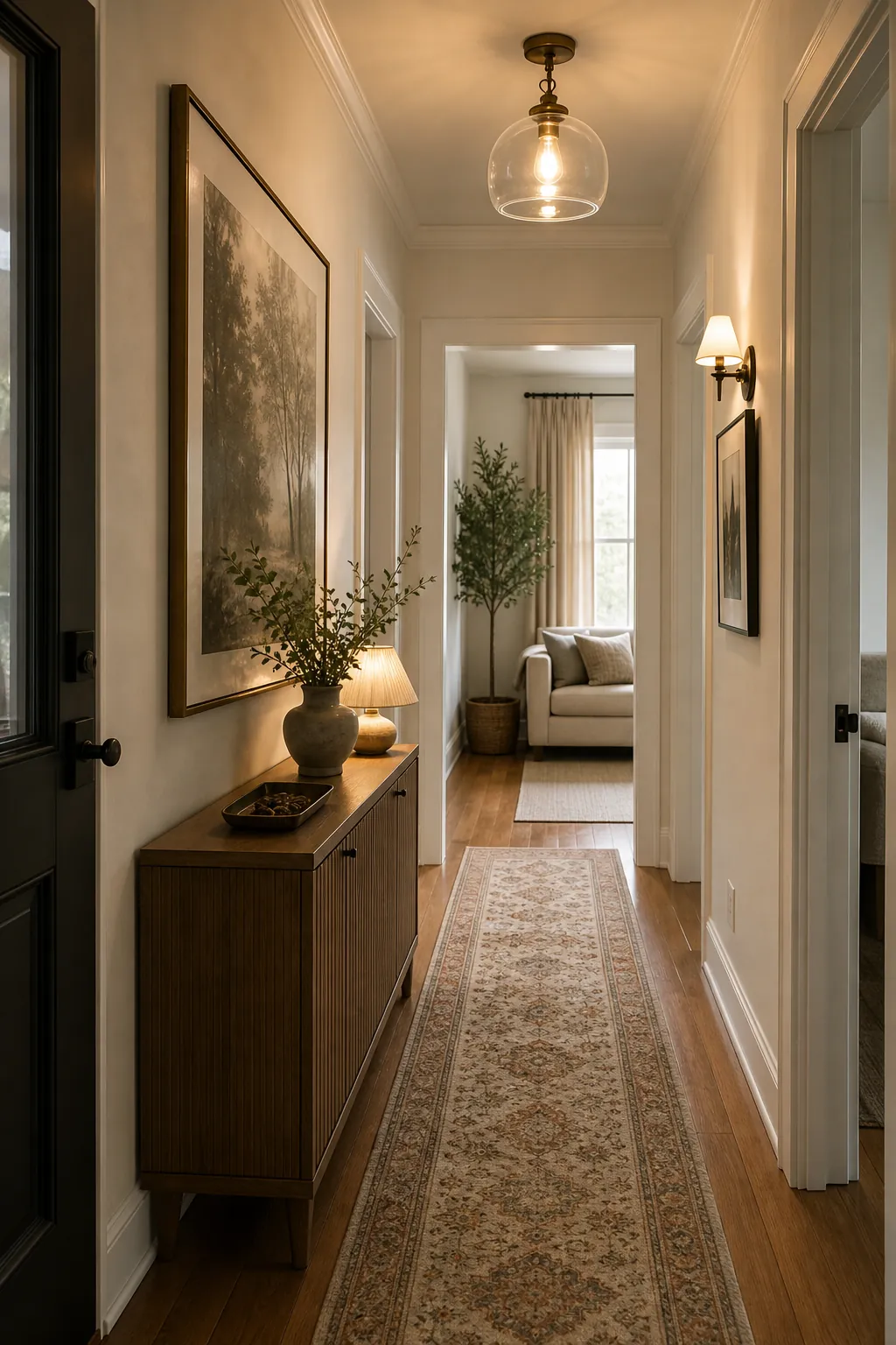 Plain hallway transformed into a warm decor moment with runner rug and wall art