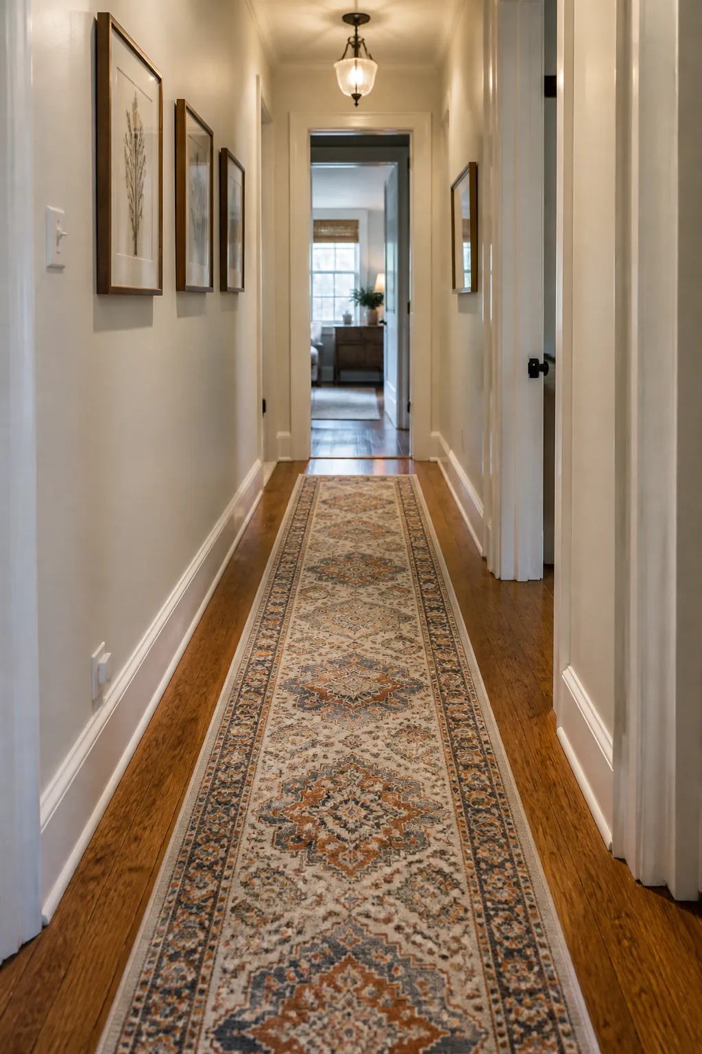 Narrow hallway styled with a patterned runner rug and warm wall decor