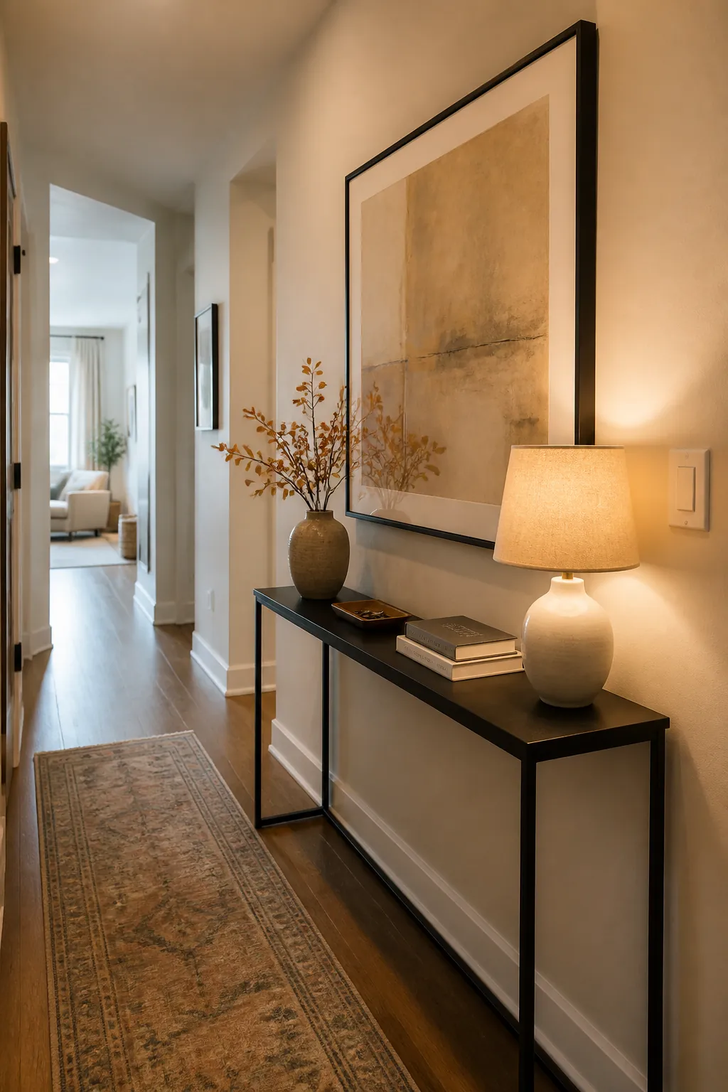 Hallway focal wall with large framed art and a slim console