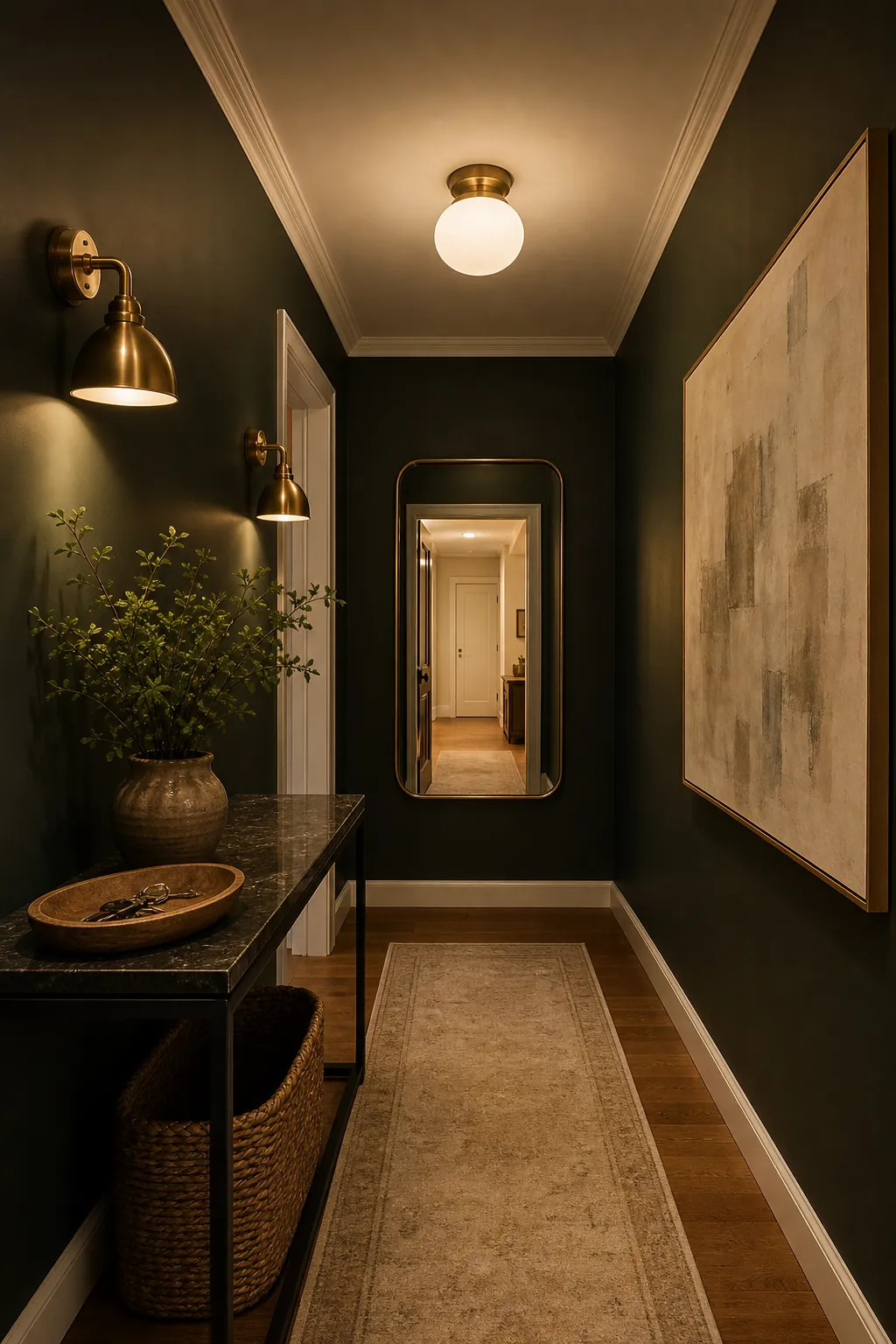 Entryway feature wall with mirror, console, lighting, and runner rug