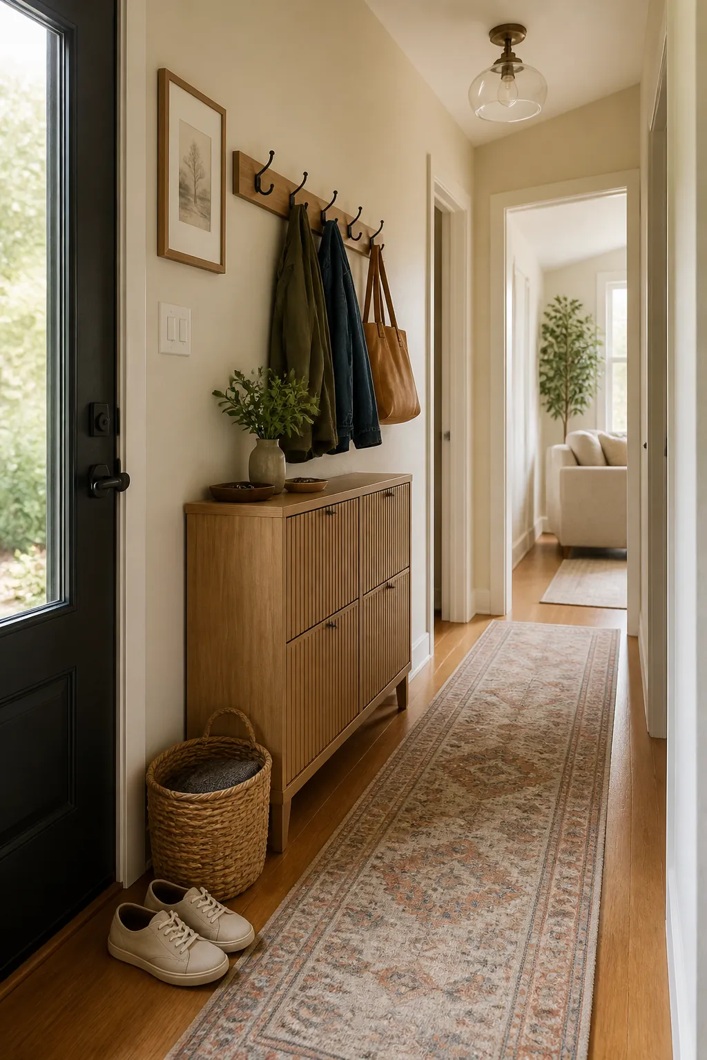 Organized hallway entryway drop zone with hooks baskets and closed shoe storage