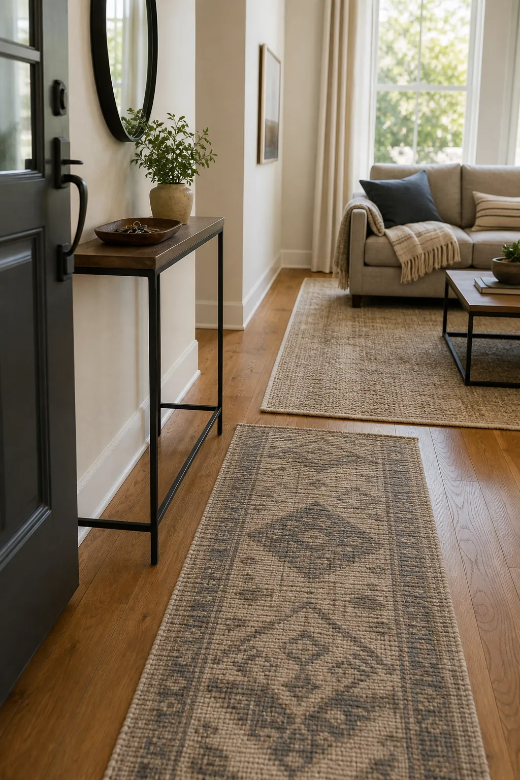 Runner rug defining the path from the front door into an open living room