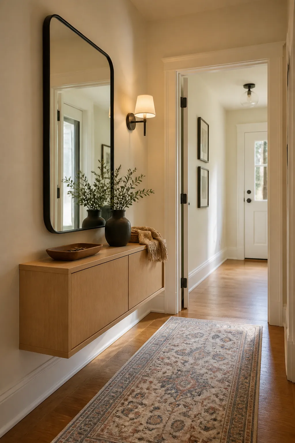 Small foyer styled with an oversized mirror runner rug and slim storage
