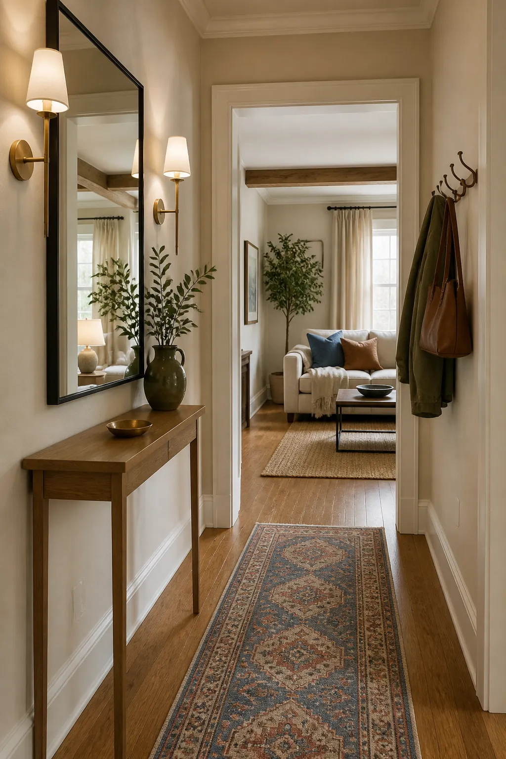 Cohesive hallway decor connecting an entryway to nearby living spaces