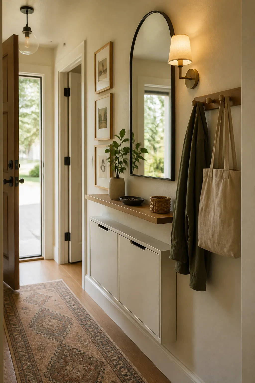 Small foyer wall with vertical hooks mirror shelf and shallow storage cabinet
