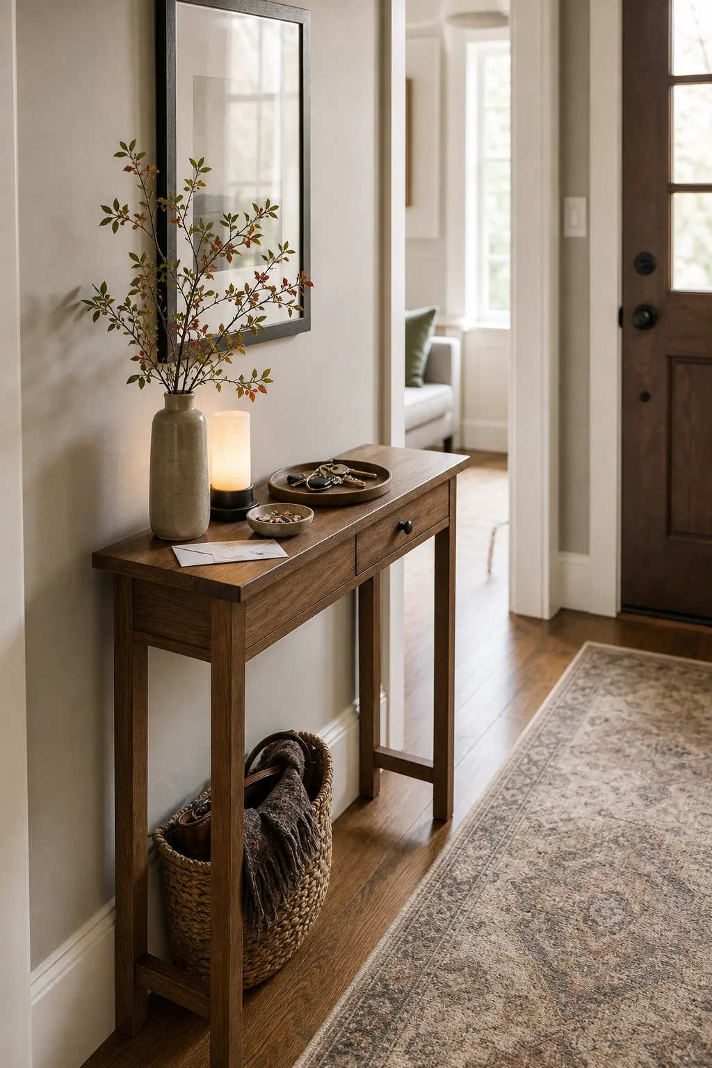 Slim entryway table styled as a practical drop zone in a small foyer