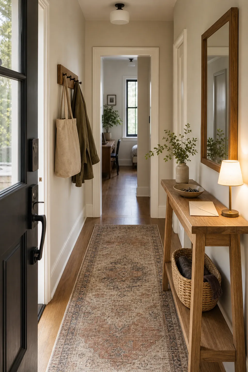 Small foyer with slim console table mirror runner rug and warm welcoming decor
