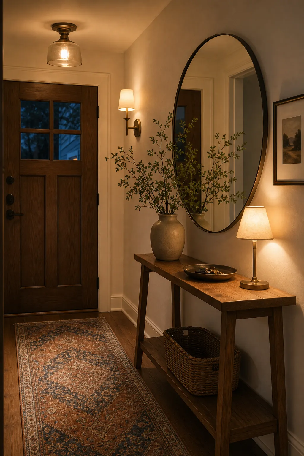 Warm lighting and mirror decor in a tiny welcoming foyer