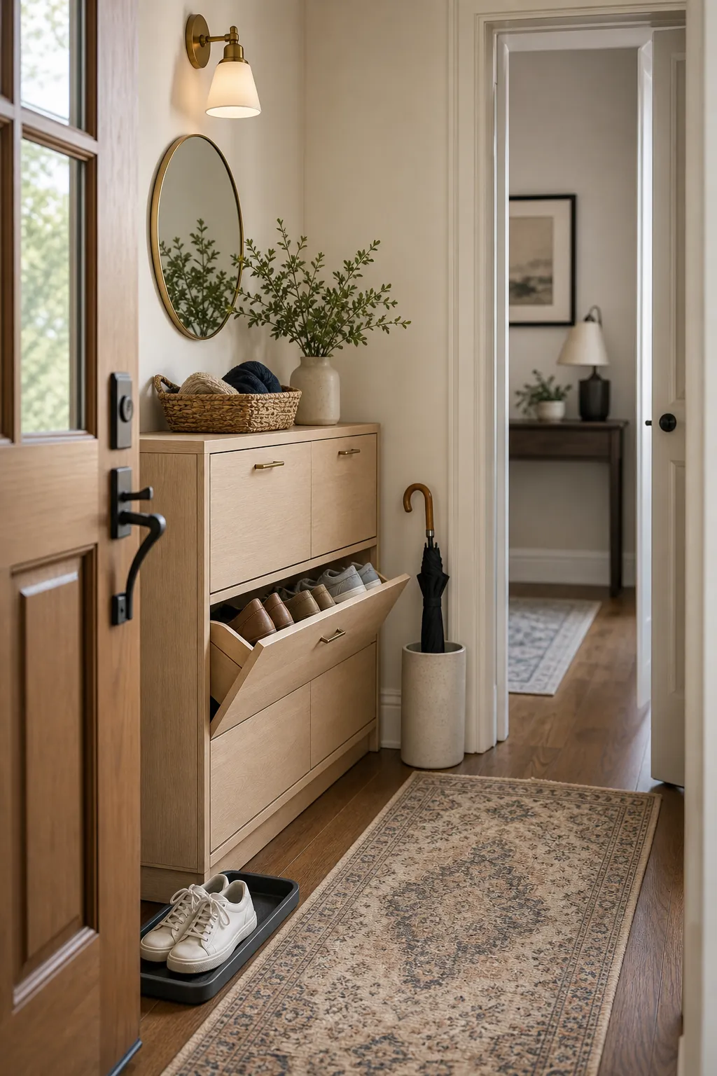 Hidden shoe storage cabinet in a small entryway with runner rug and mirror