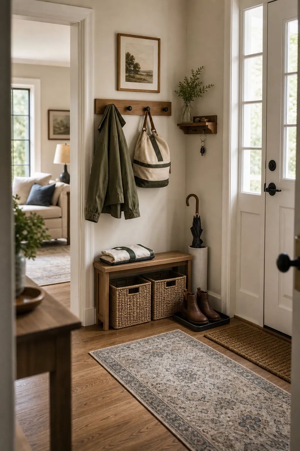 Tiny mudroom style corner in a small foyer with bench baskets hooks and runner rug